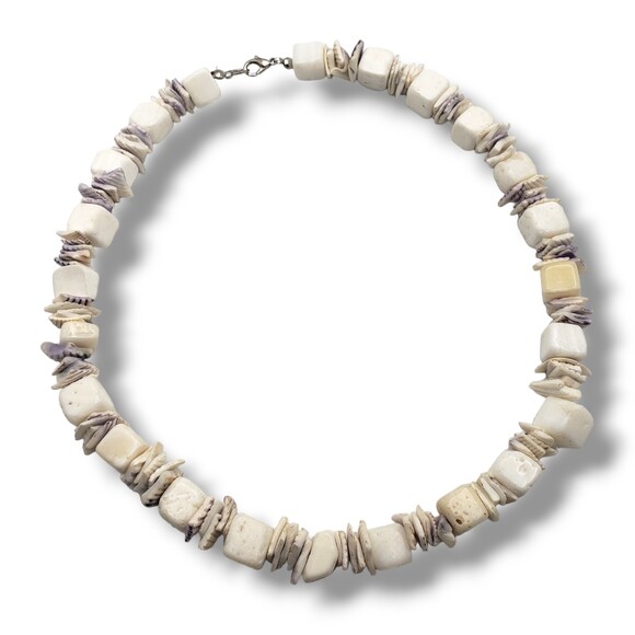 Vintage Shell Cube Chip Collar Chunky Necklace MOP Natural Boho Beach 18" - Picture 1 of 8